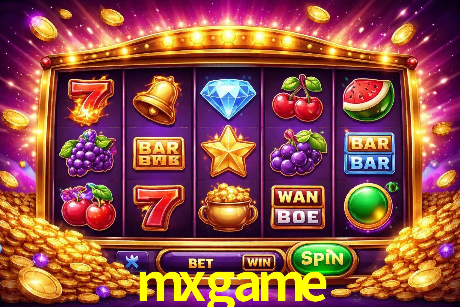 Una interfaz colorida de tragamonedas en línea con símbolos brillantes, monedas y un efecto de victoria celebratoria en mxgame.