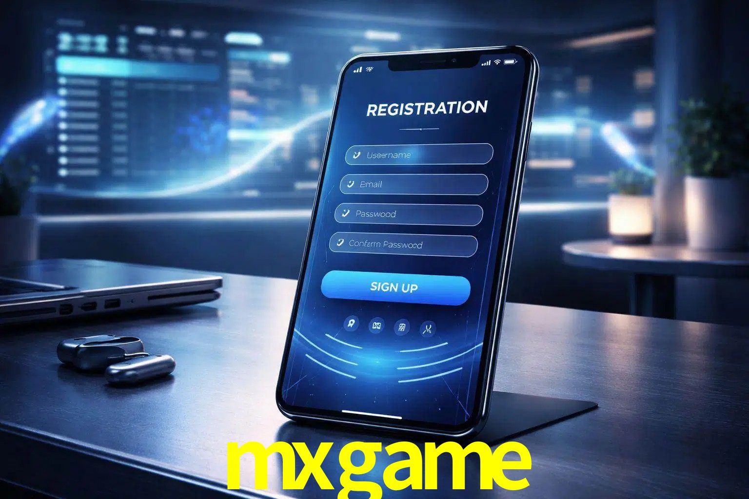 Una interfaz moderna de registro móvil para mxgame mostrada en un smartphone con un panel de apuestas elegante.